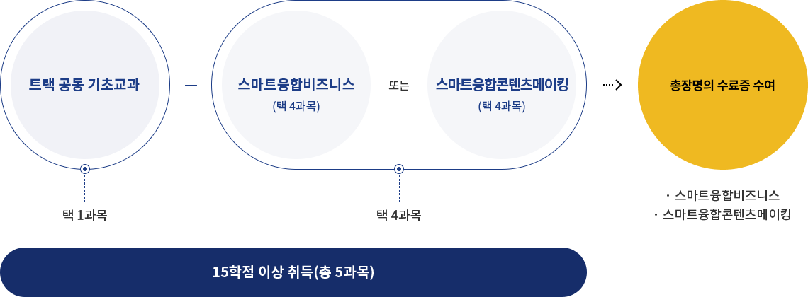 트랙 공동 기초교과(택1과목) + 스마트융합비즈니스(택4과목)/스마트융합 콘텐츠메이킹(택4과목)15학점 이상 취득 (총5과목)총장명의 수료증 수여(스마트융합비즈니스 / 스마트융합 콘텐츠메이킹)